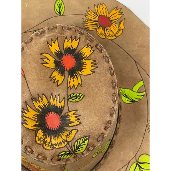 Vintage Leather Stitch Hand Painted Sunflower Wide Brim Ladies Hat ~AMAZING OOAK - Picture 6 of 16